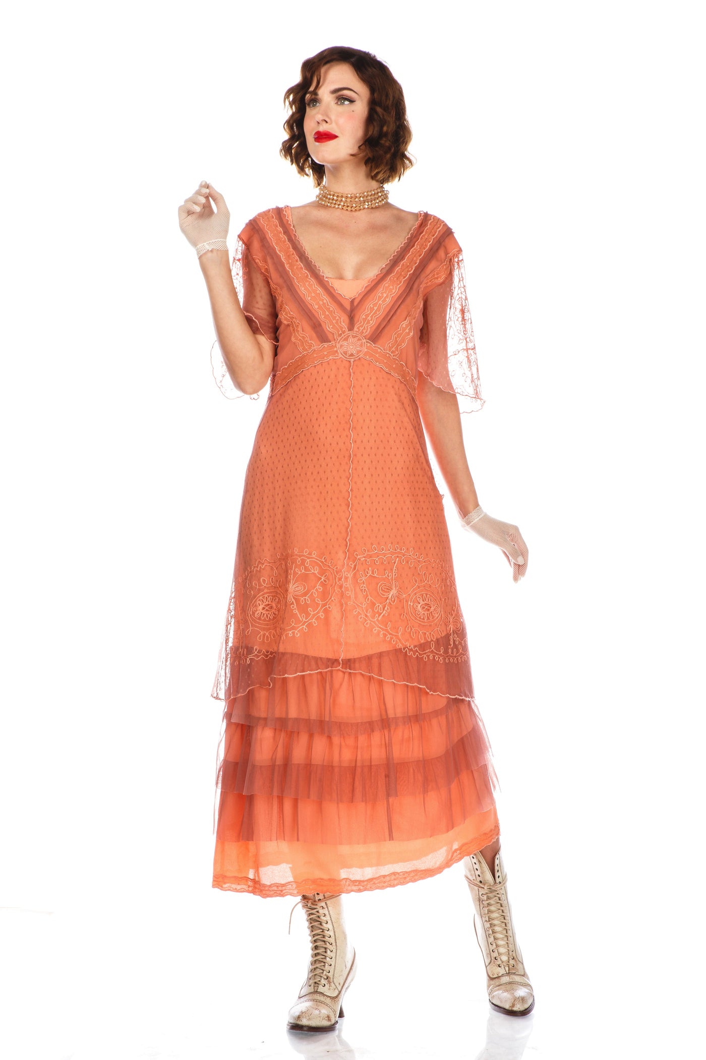 Sylvia 1920s Titanic Style Dress in Grapefruit Rose