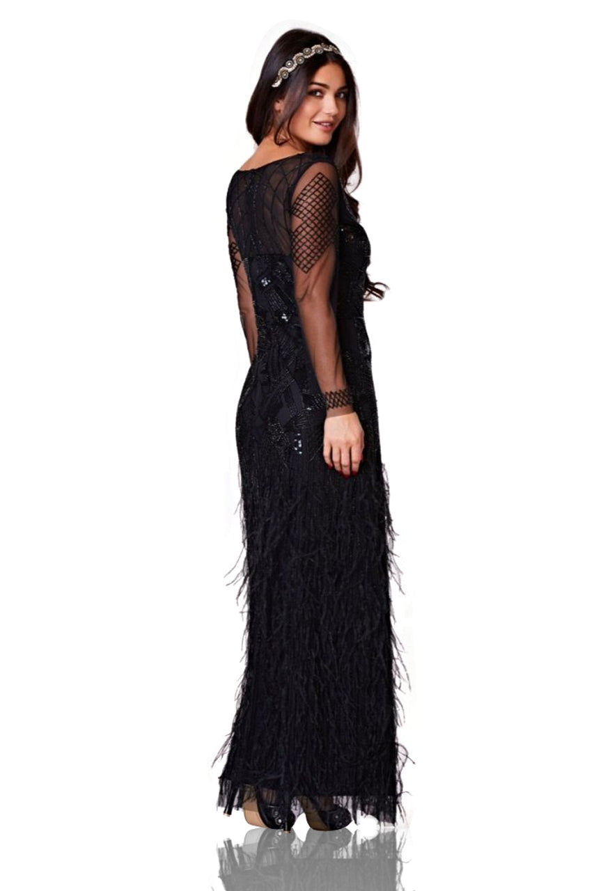 Corinne Feather Embellished Maxi Dress in Black