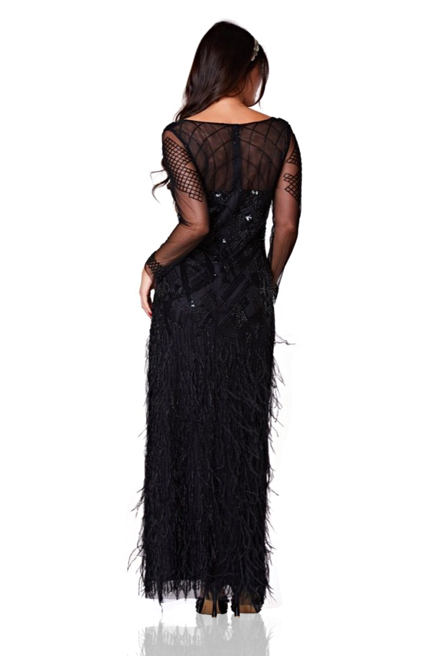 Corinne Feather Embellished Maxi Dress in Black