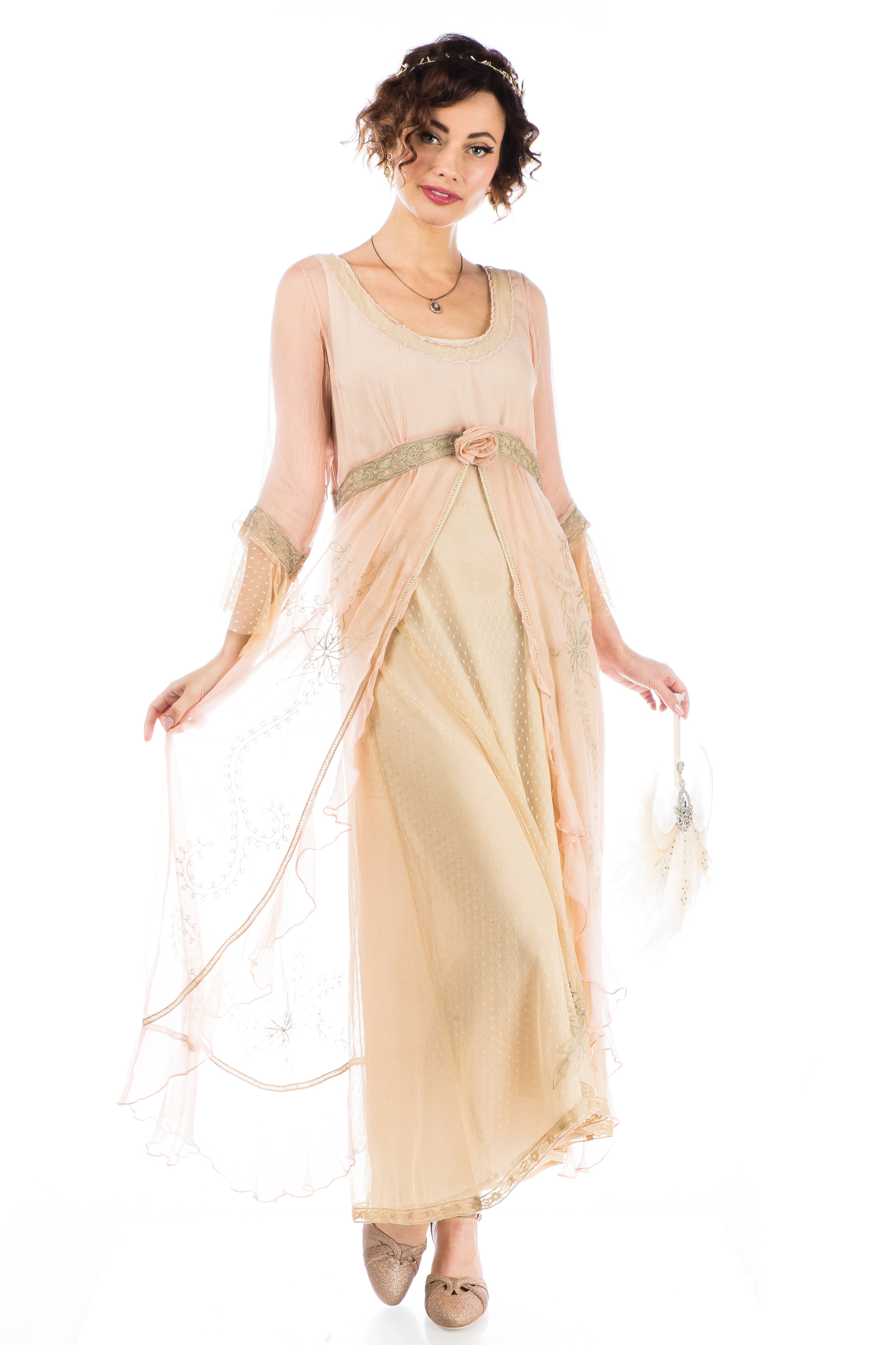 woman in a peach Dafna Bridgerton Inspired Dress with long sleeves and sheer skirt cover