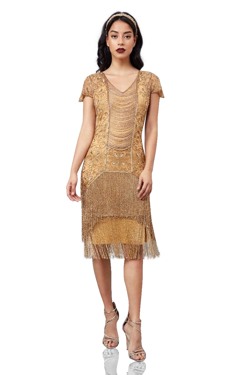 Edith Flapper Style Fringe Dress in Gold