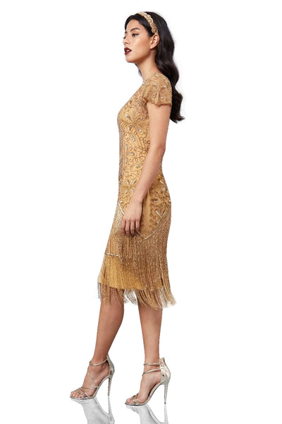 Edith Flapper Style Fringe Dress in Gold