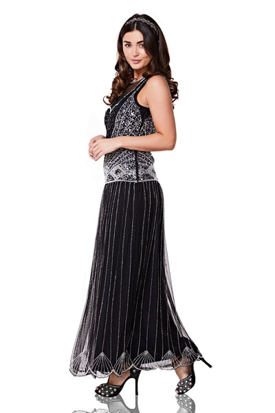 Vintage Inspired Drop Waist Maxi Dress in Black