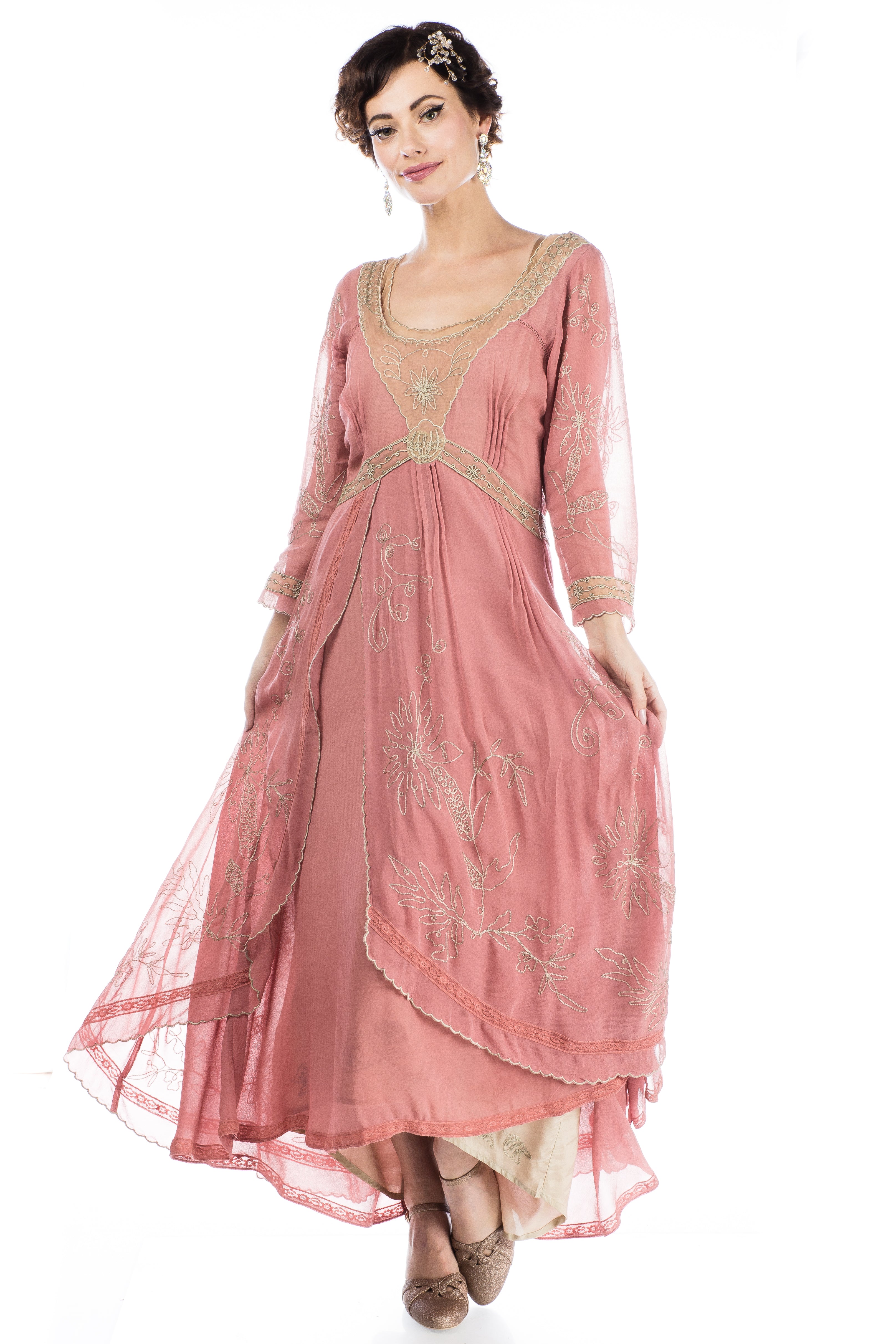 model wearing a Downton Abbey Inspired long sleeved Dress in Pink and Beige by Nataya