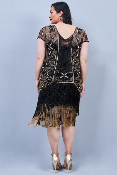 Edith Flapper Style Fringe Dress in Black Gold