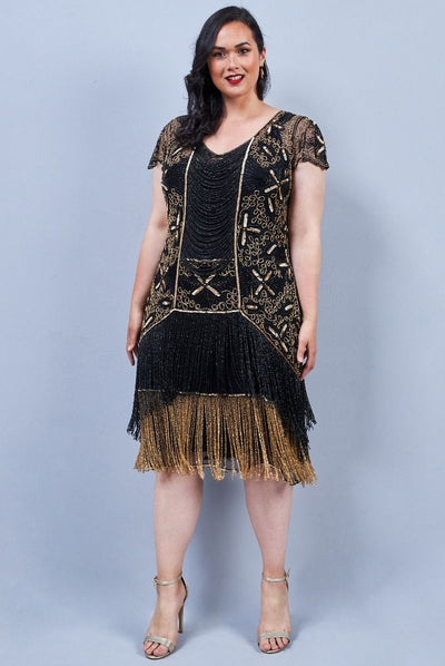 Edith Flapper Style Fringe Dress in Black Gold