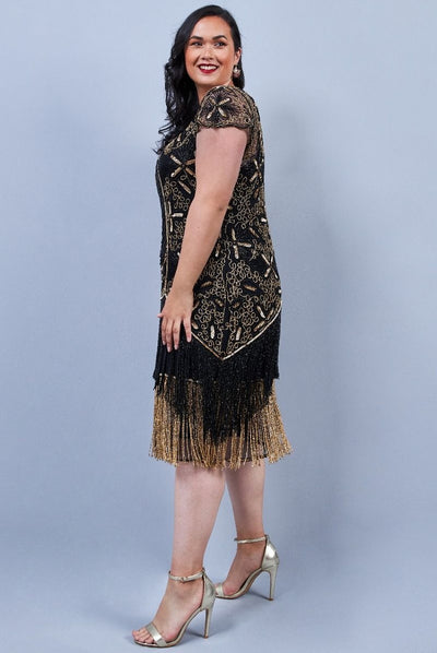 Edith Flapper Style Fringe Dress in Black Gold