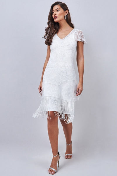 Evelyn 1920s Flapper Fringe Dress in White
