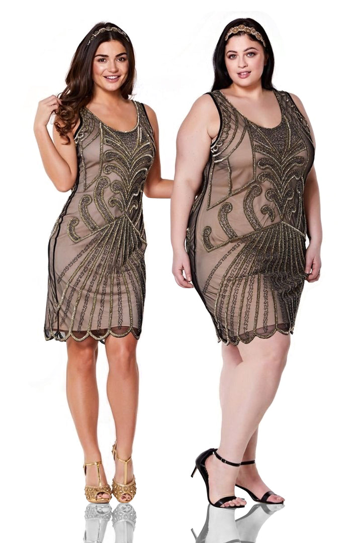 Art Deco Cocktail Dress in Nude Black
