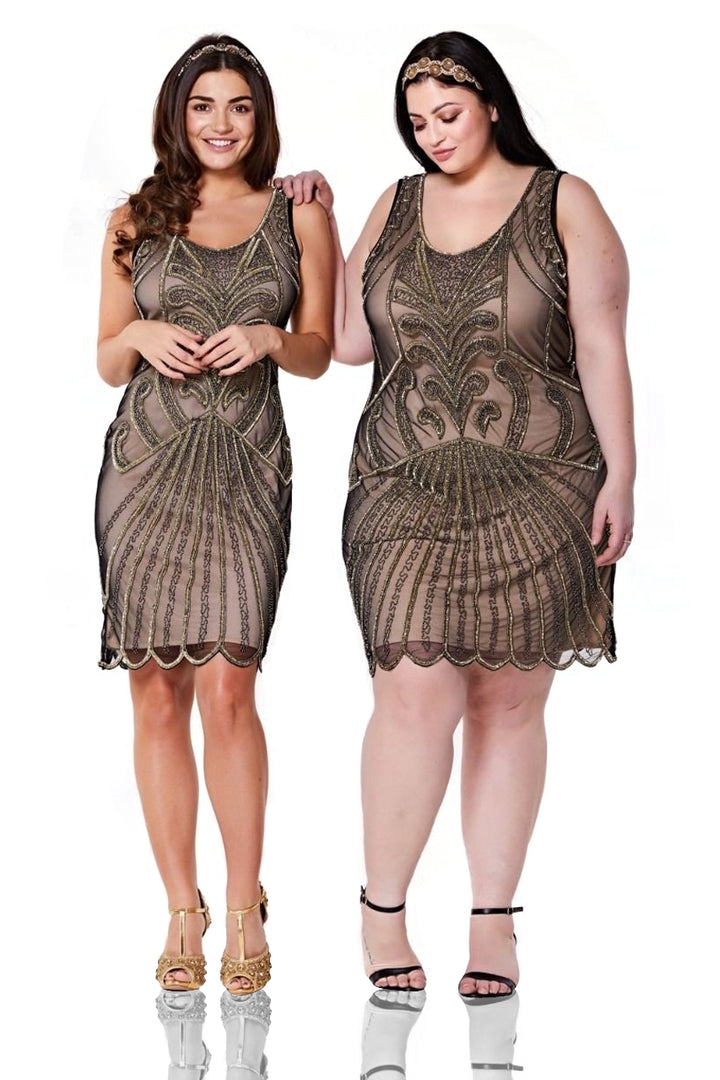 Art Deco Cocktail Dress in Nude Black