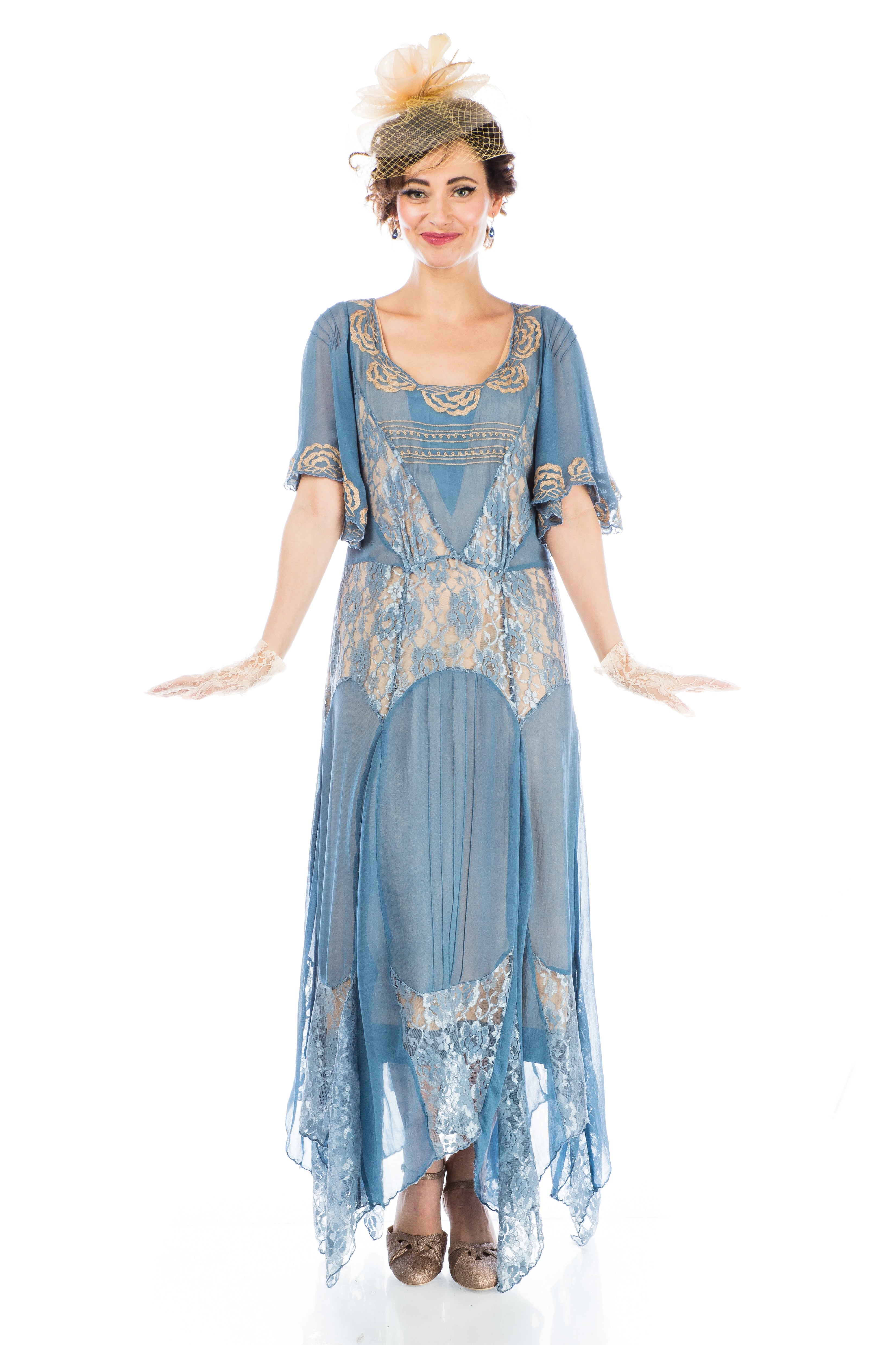 model in a blue Art Nouveau Style Dress by Nataya