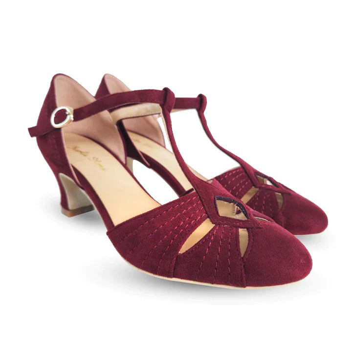 London 1920s Flapper Style T-Bar Shoes in Wine Red