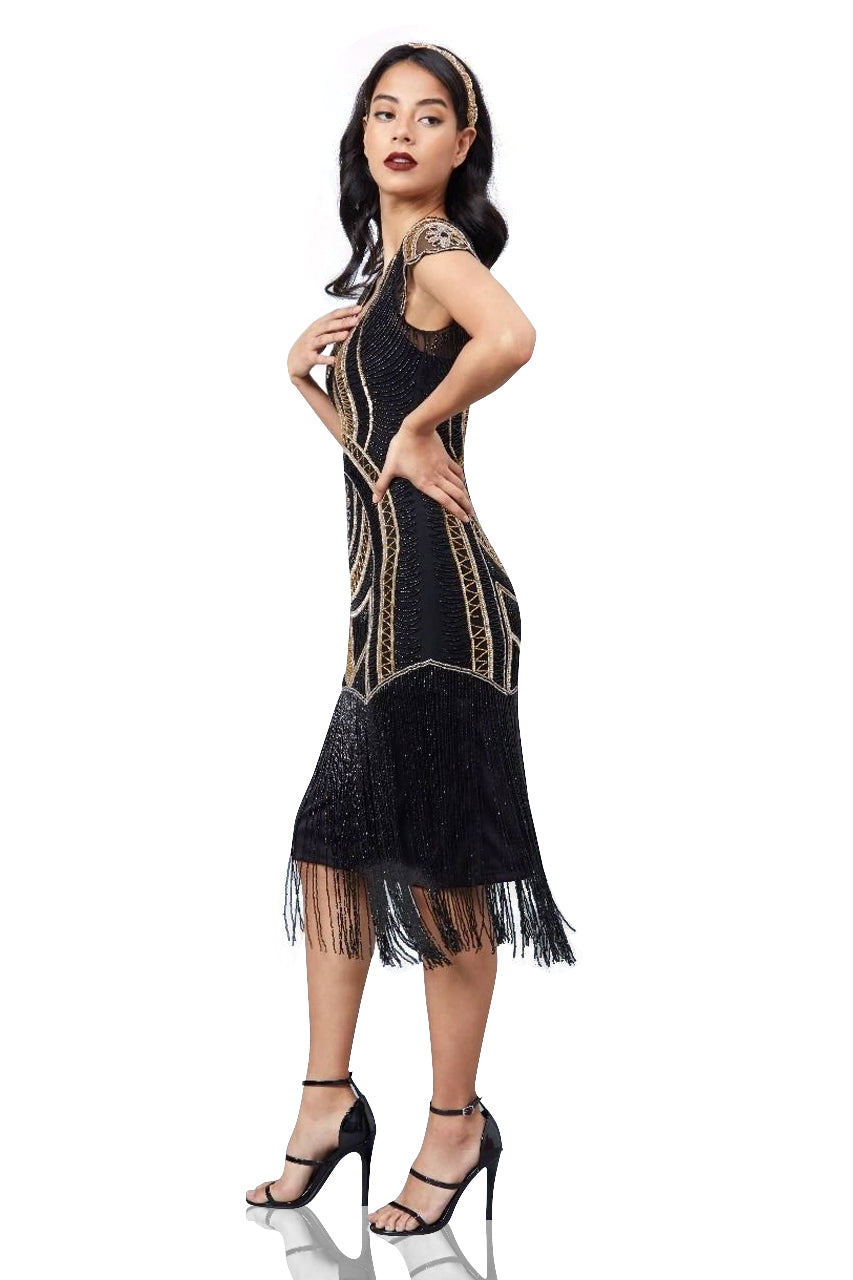 Mary Art Deco Fringe Dress in Black Gold