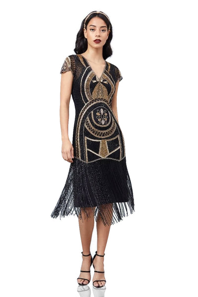 Mary Art Deco Fringe Dress in Black Gold