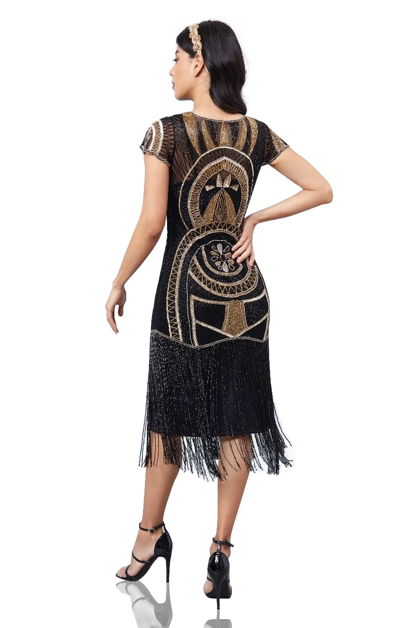 Mary Art Deco Fringe Dress in Black Gold