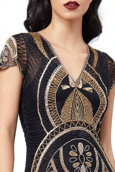 Mary Art Deco Fringe Dress in Black Gold