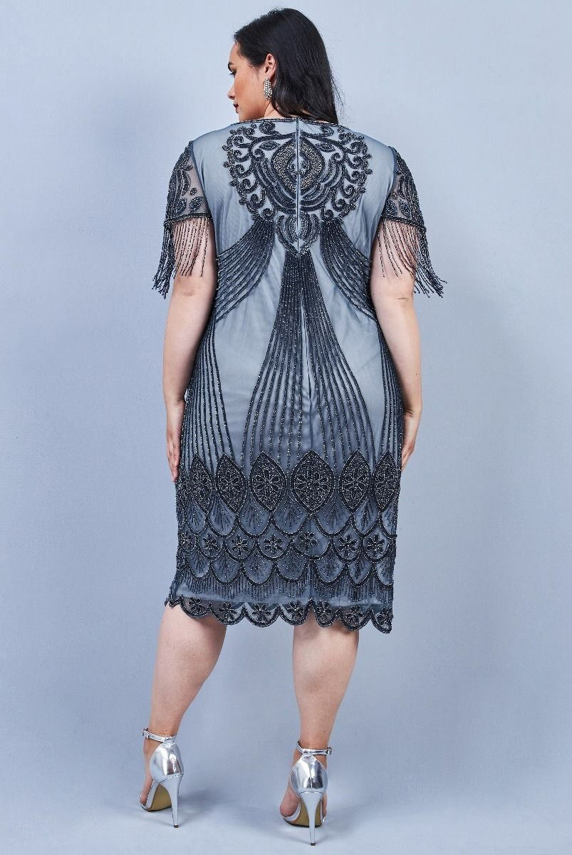 Marta 1920s Flapper Style Dress in Grey 2X / Grey