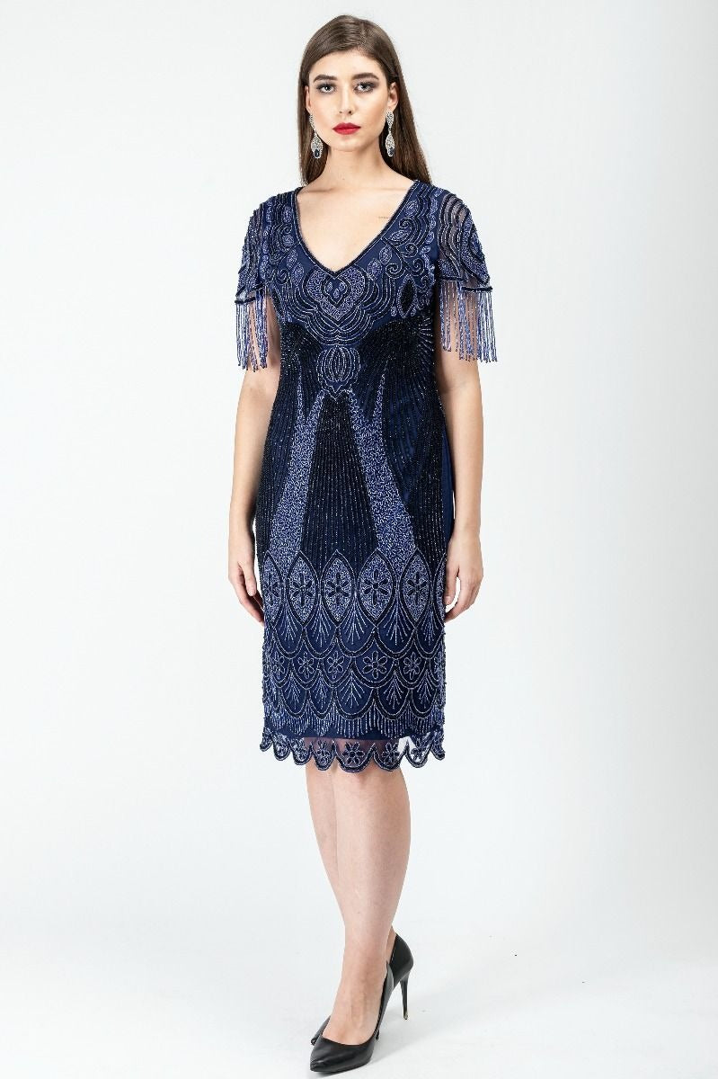 Marta 1920s Flapper Style Dress in Navy Blue