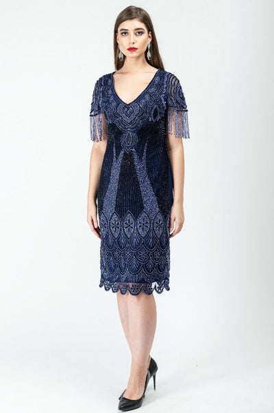 Marta 1920s Flapper Style Dress in Navy Blue