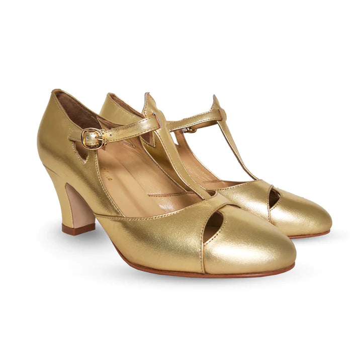 Temptress 1920s Style Heels in Gold by Charlie Stone