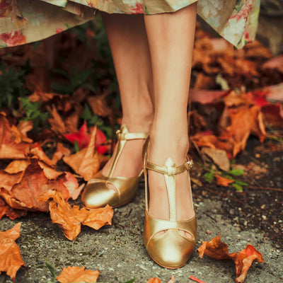 Temptress 1920s Style Heels in Gold by Charlie Stone