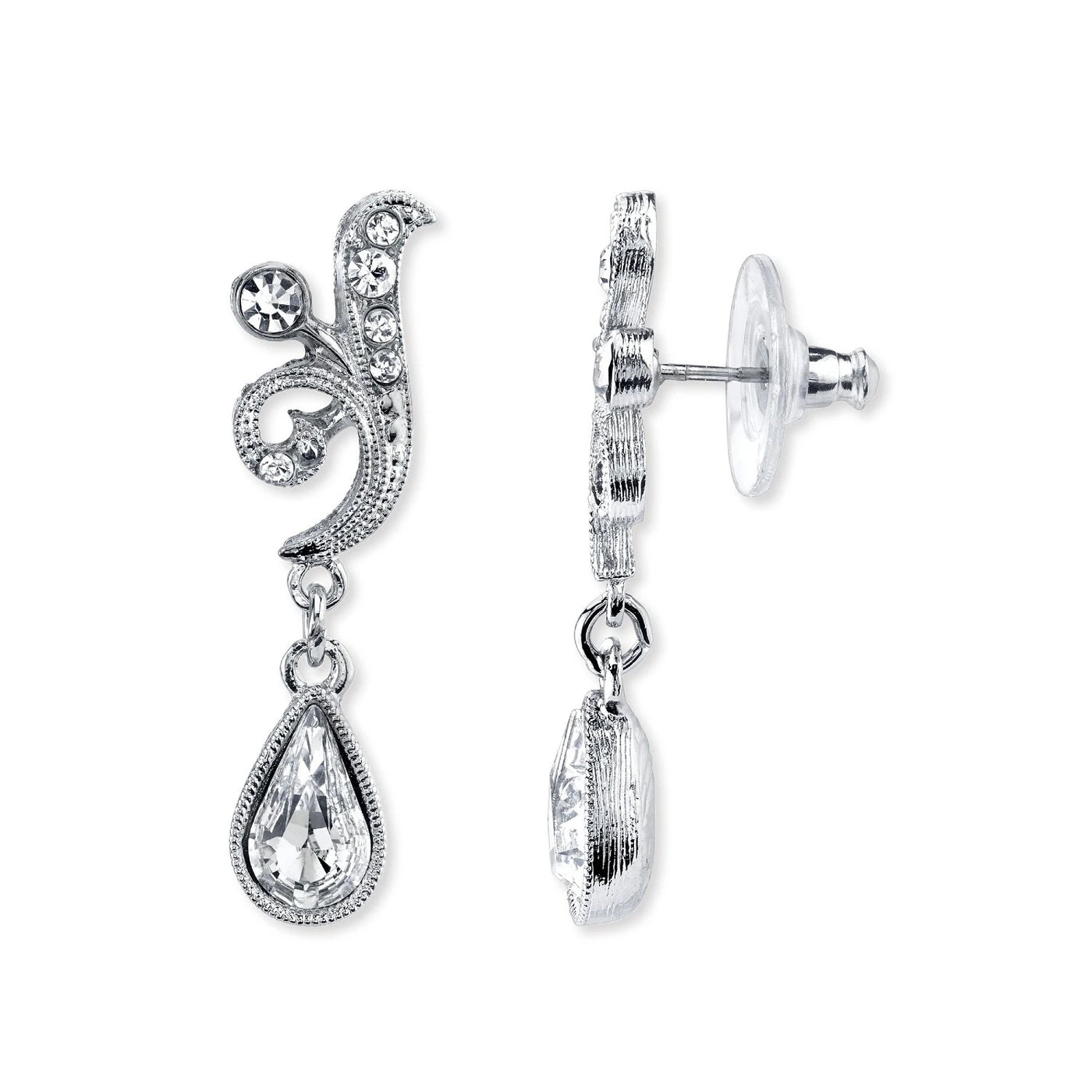 Downton Abbey Silver Tone Crystal Teardrop Earrings by 1928 Jewelry
