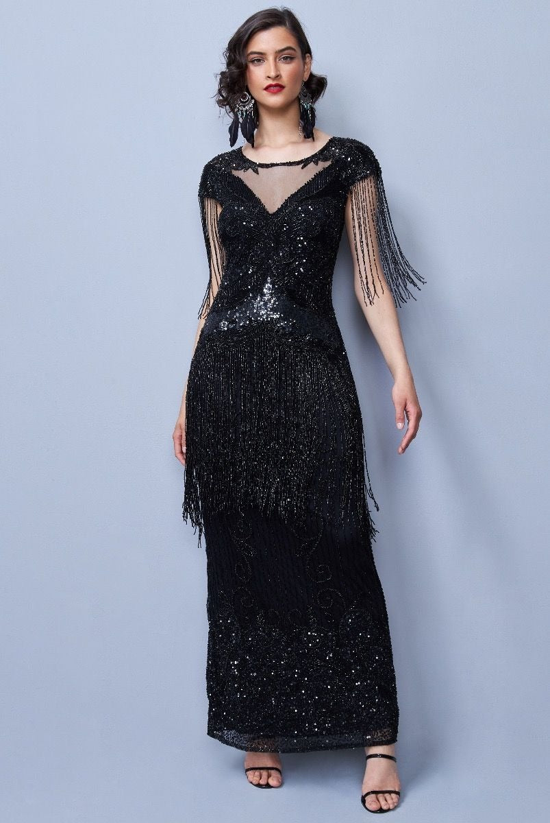 Great Gatsby Dress – Great Gatsby Dresses for Sale Ethel 1920s Evening Maxi Fringe Gown in Black $290.00 AT vintagedancer.com