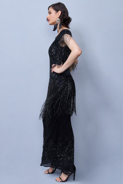 Ethel 1920s Evening Maxi Fringe Gown in Black