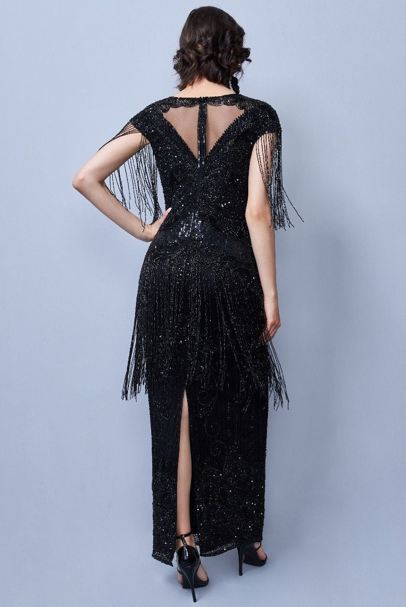 Ethel 1920s Evening Maxi Fringe Gown in Black by Gatsby Lady S / Black Ethel 1920s Evening Maxi Fringe Gown in Black by Gatsby Lady S / Black