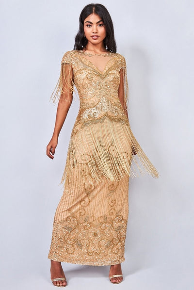 Ethel 1920s Evening Maxi Fringe Gown in Gold