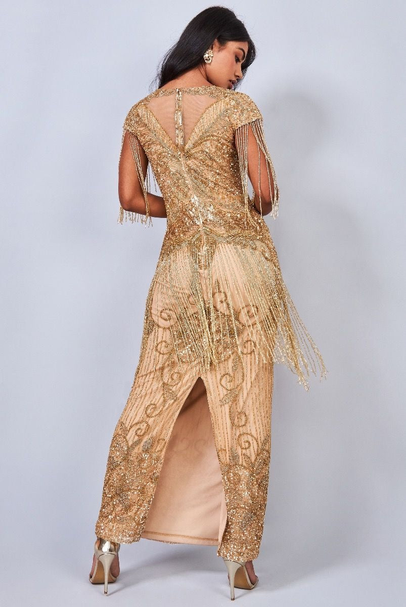 Ethel 1920s Evening Maxi Fringe Gown in Gold