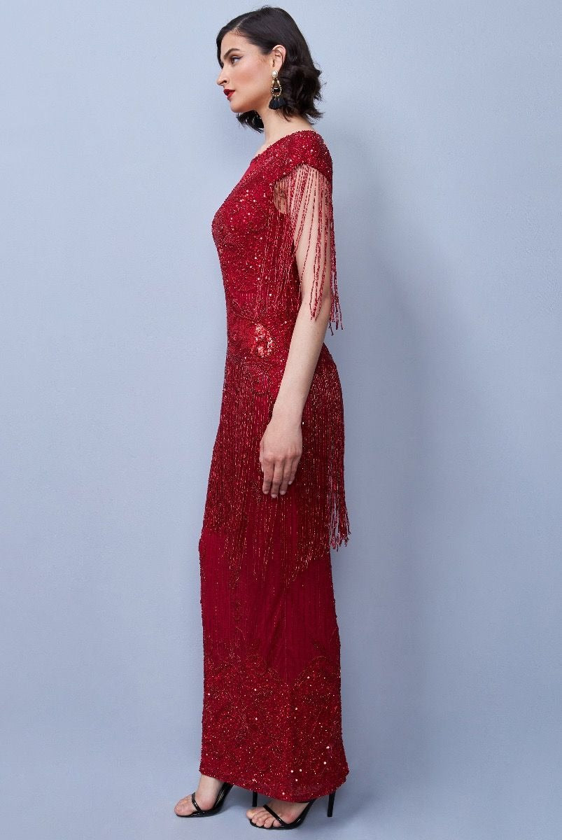 Ethel 1920s Evening Maxi Fringe Gown in Red