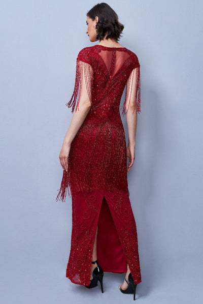 Ethel 1920s Evening Maxi Fringe Gown in Red