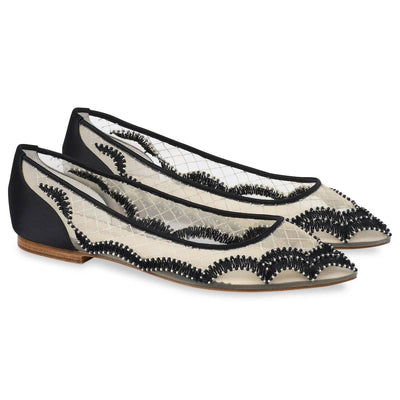 Eva Scalloped Embroidered Evening Flats in Black