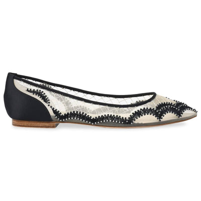 Eva Scalloped Embroidered Evening Flats in Black