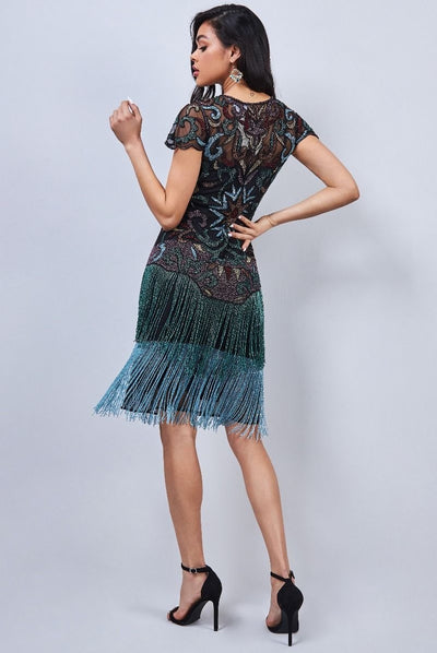 Evelyn 1920s Flapper Fringe Dress in Black Multi