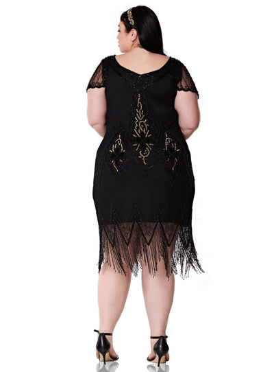 Flapper Style Fringe Party Dress in Black Gold