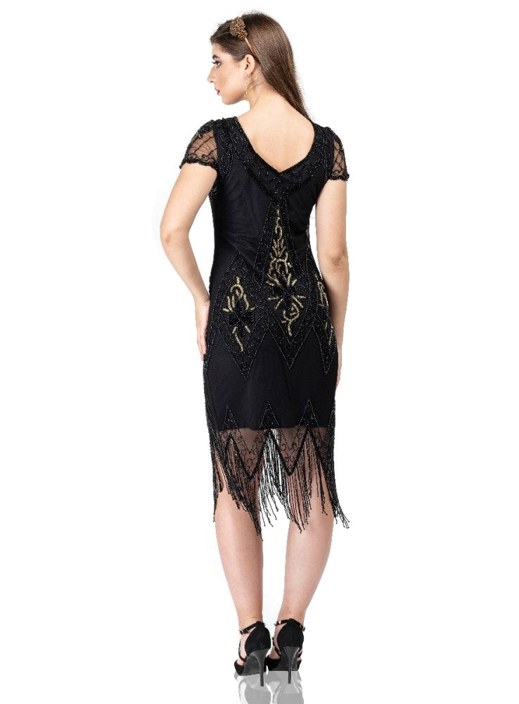 Flapper Style Fringe Party Dress in Black Gold