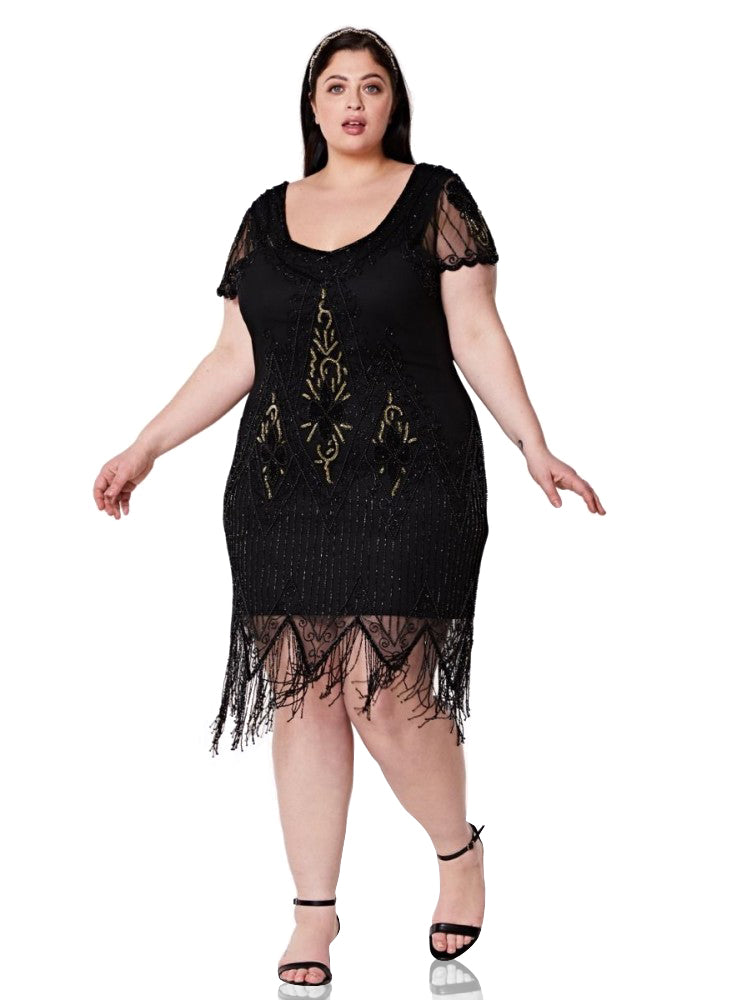 Flapper Style Fringe Party Dress in Black Gold