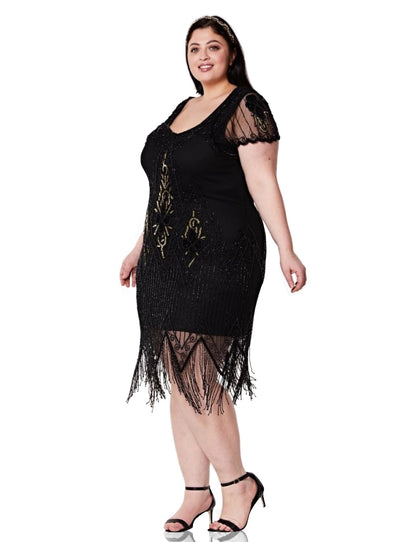 Flapper Style Fringe Party Dress in Black Gold