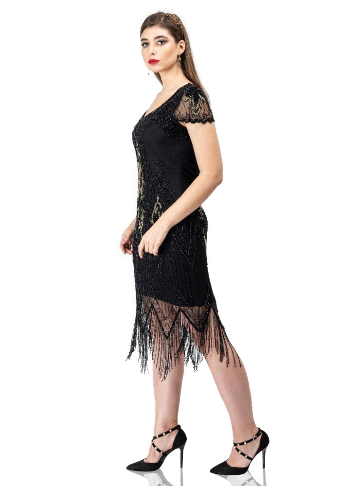 Flapper Style Fringe Party Dress in Black Gold