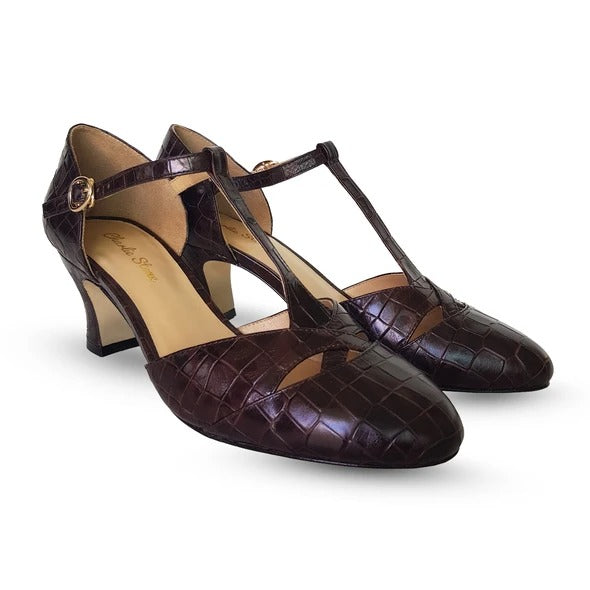 Roma 1920s Style Heels in Espresso Croc