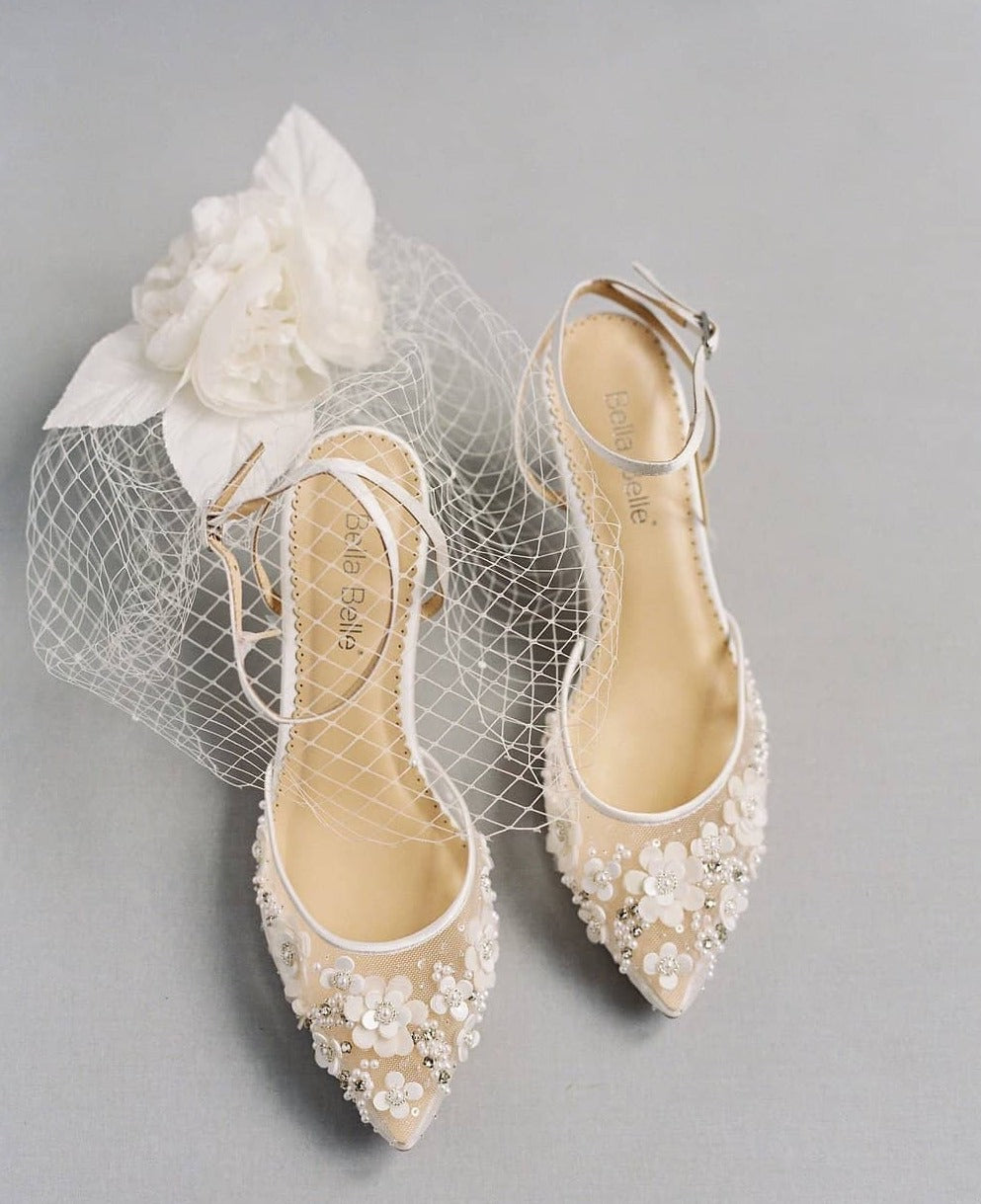 Rosa Floral Pearl Beaded Wedding Low Heels in Ivory by Bella Belle Shoes
