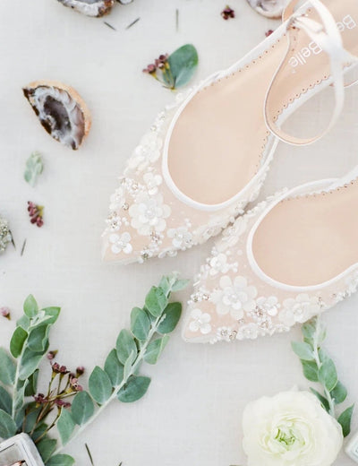 Rosa Floral Pearl Beaded Wedding Low Heels in Ivory by Bella Belle Shoes