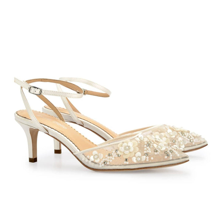 Rosa Floral Pearl Beaded Wedding Low Heels in Ivory by Bella Belle
