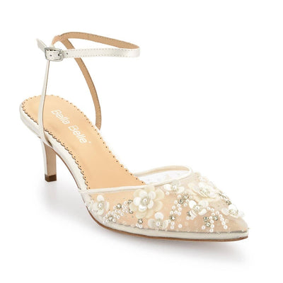 Rosa Floral Pearl Beaded Wedding Low Heels in Ivory by Bella Belle Shoes